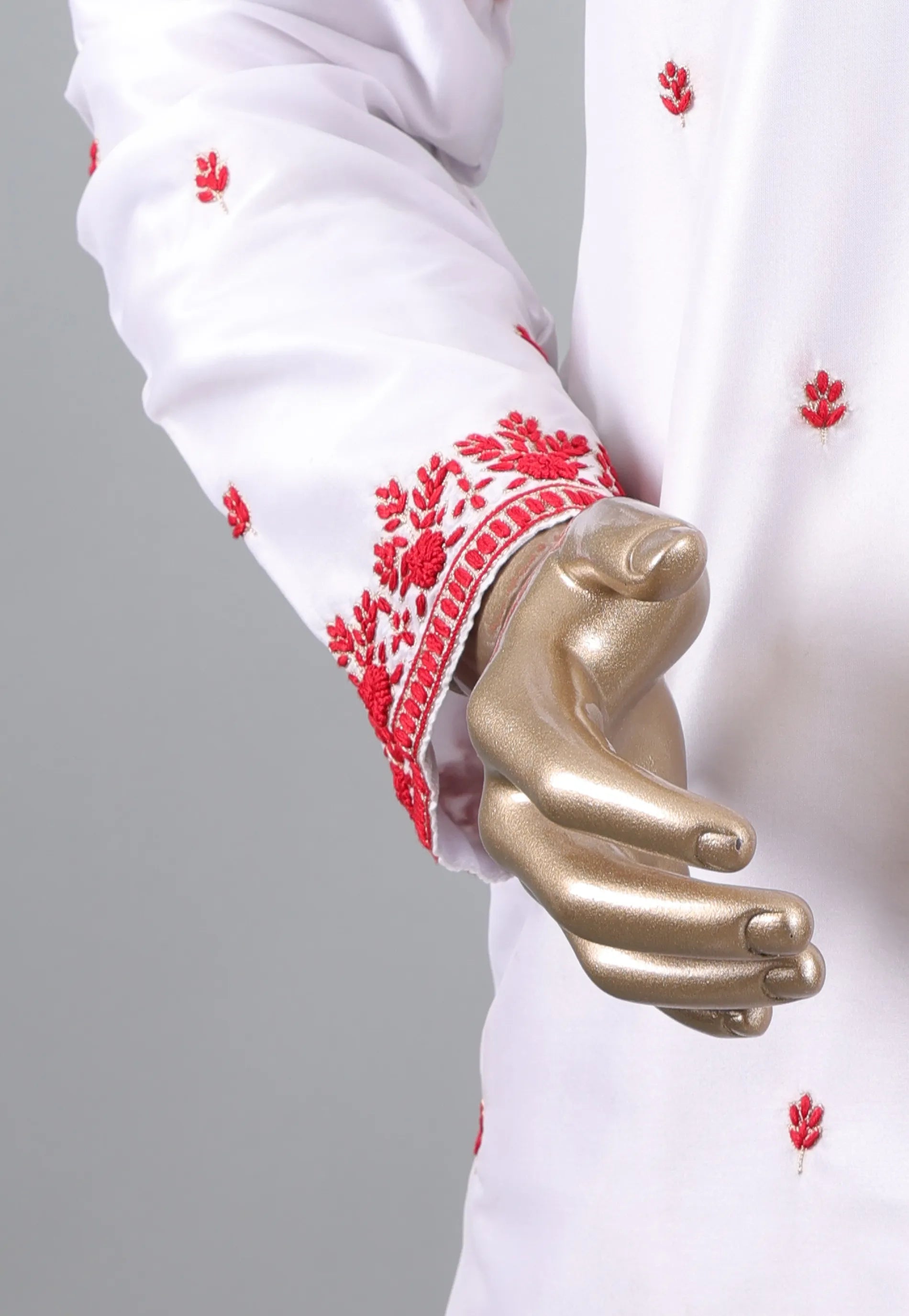 White Punjabi with Red Embroidery Work - Adi Akshoy & Co.