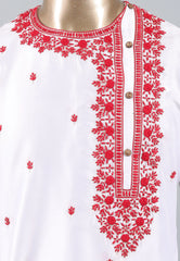 White Punjabi with Red Embroidery Work - Adi Akshoy & Co.