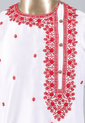 White Punjabi with Red Embroidery Work - Adi Akshoy & Co.
