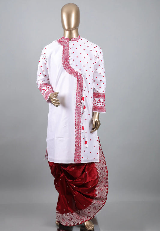 White Punjabi with Red Embroidery Work - Adi Akshoy & Co.