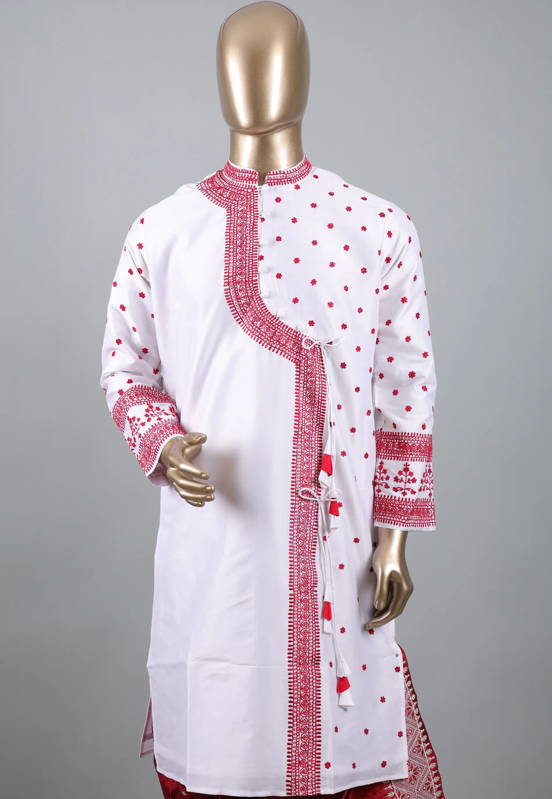 White Punjabi with Red Embroidery Work - Adi Akshoy & Co.