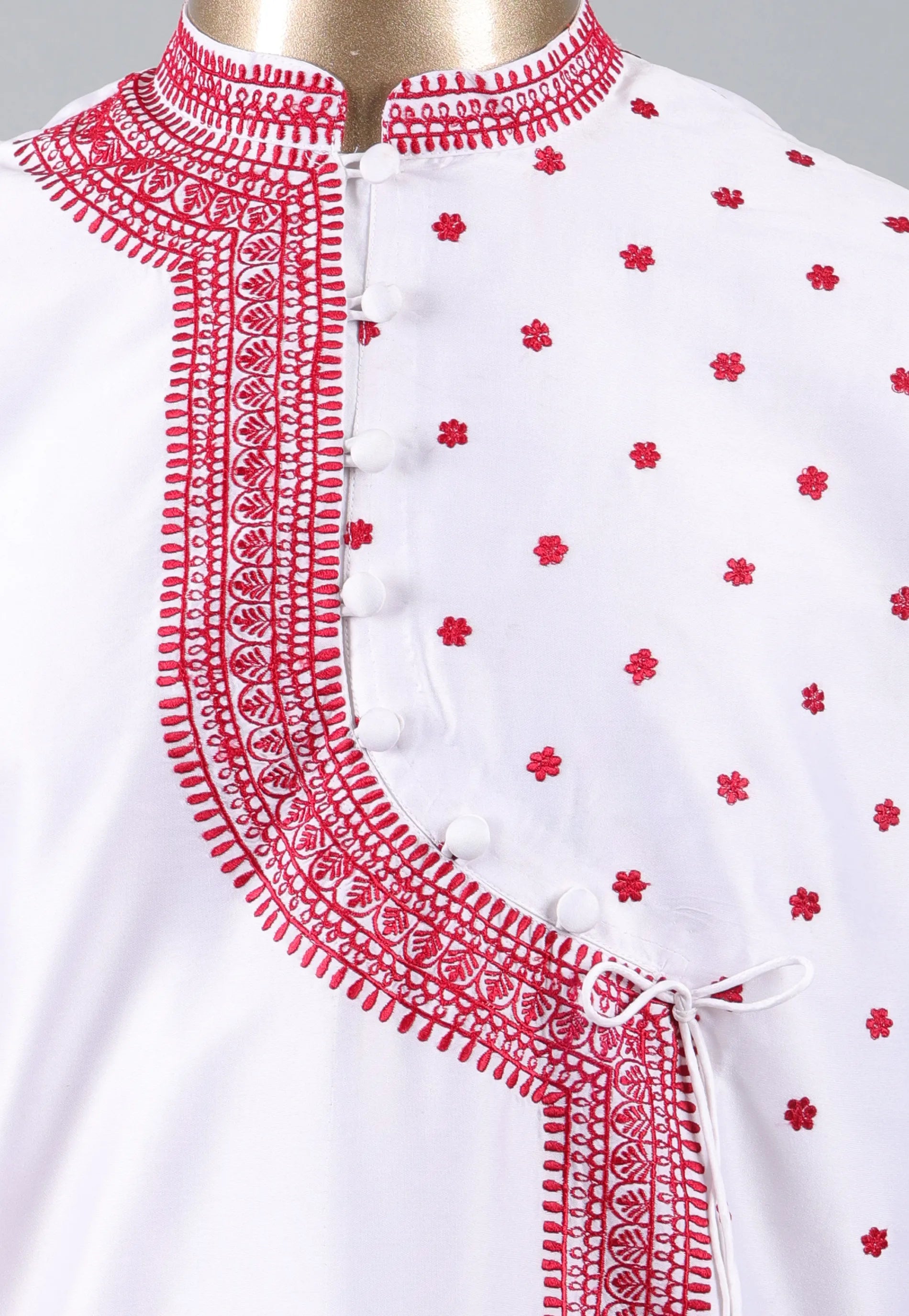 White Punjabi with Red Embroidery Work - Adi Akshoy & Co.