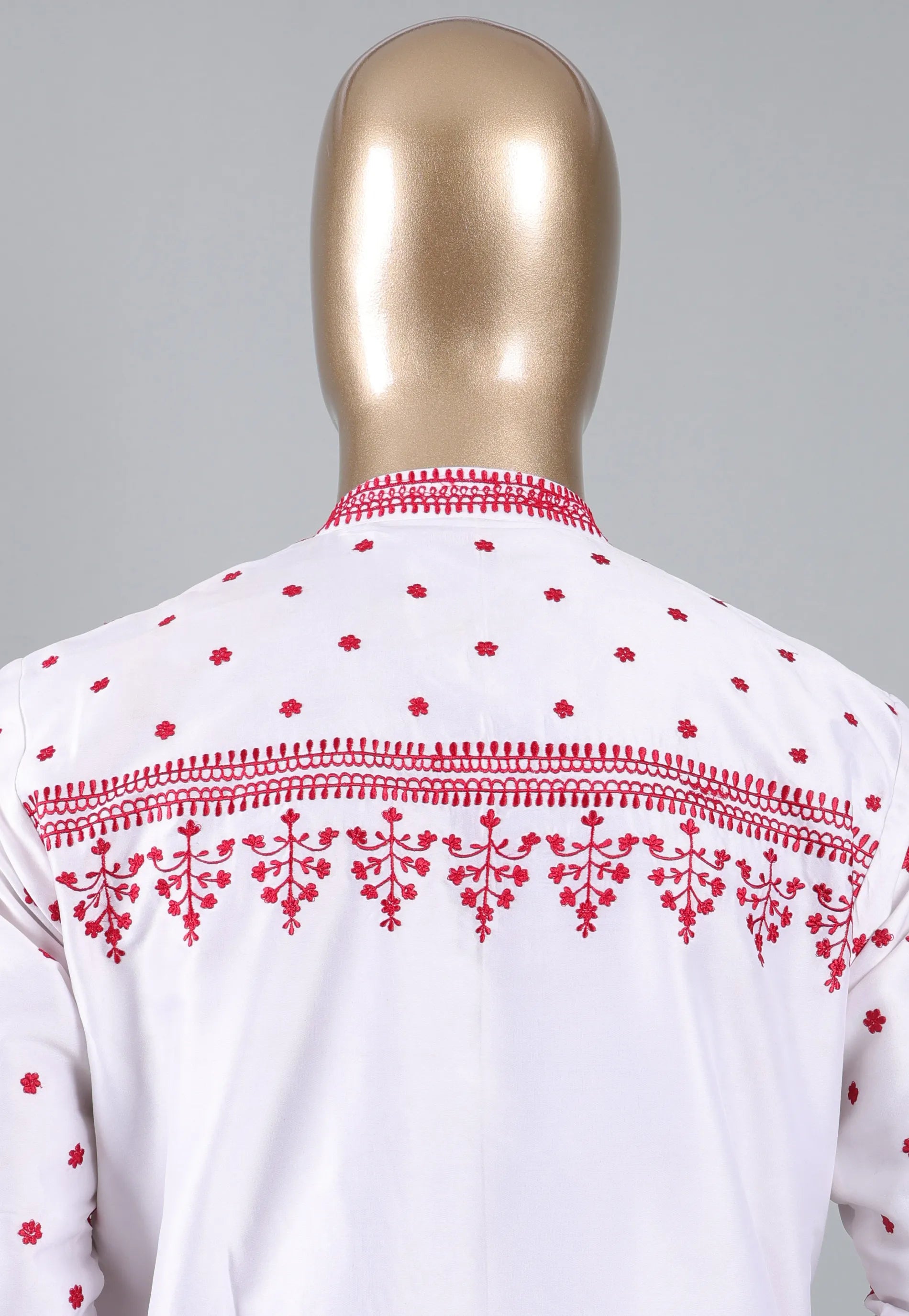 White Punjabi with Red Embroidery Work - Adi Akshoy & Co.