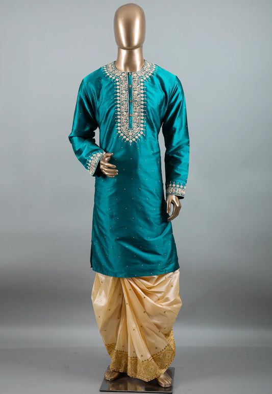 Cross Bottle Green Punjabi with Embroidery Silver Zari Work - Adi Akshoy & Co.