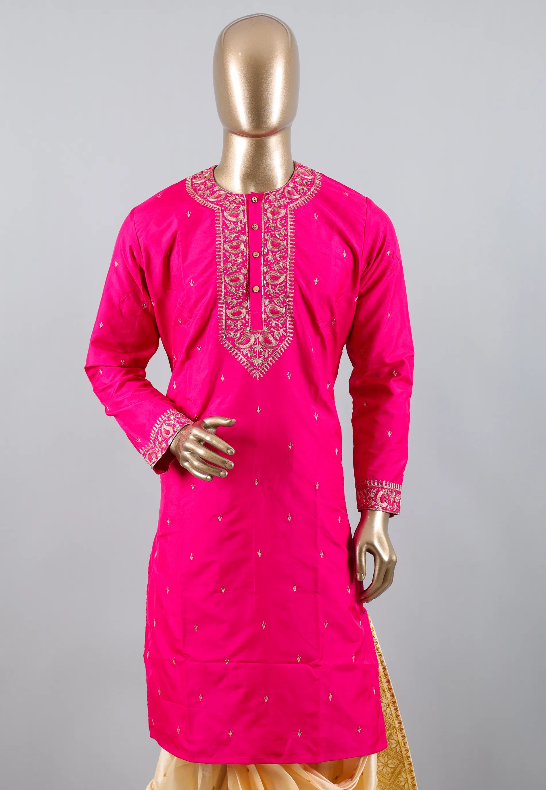 Rani colour Punjabi with Golden Zari work - Adi Akshoy & Co.