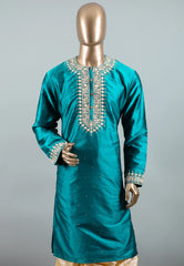 Cross Bottle Green Punjabi with Embroidery Silver Zari Work - Adi Akshoy & Co.