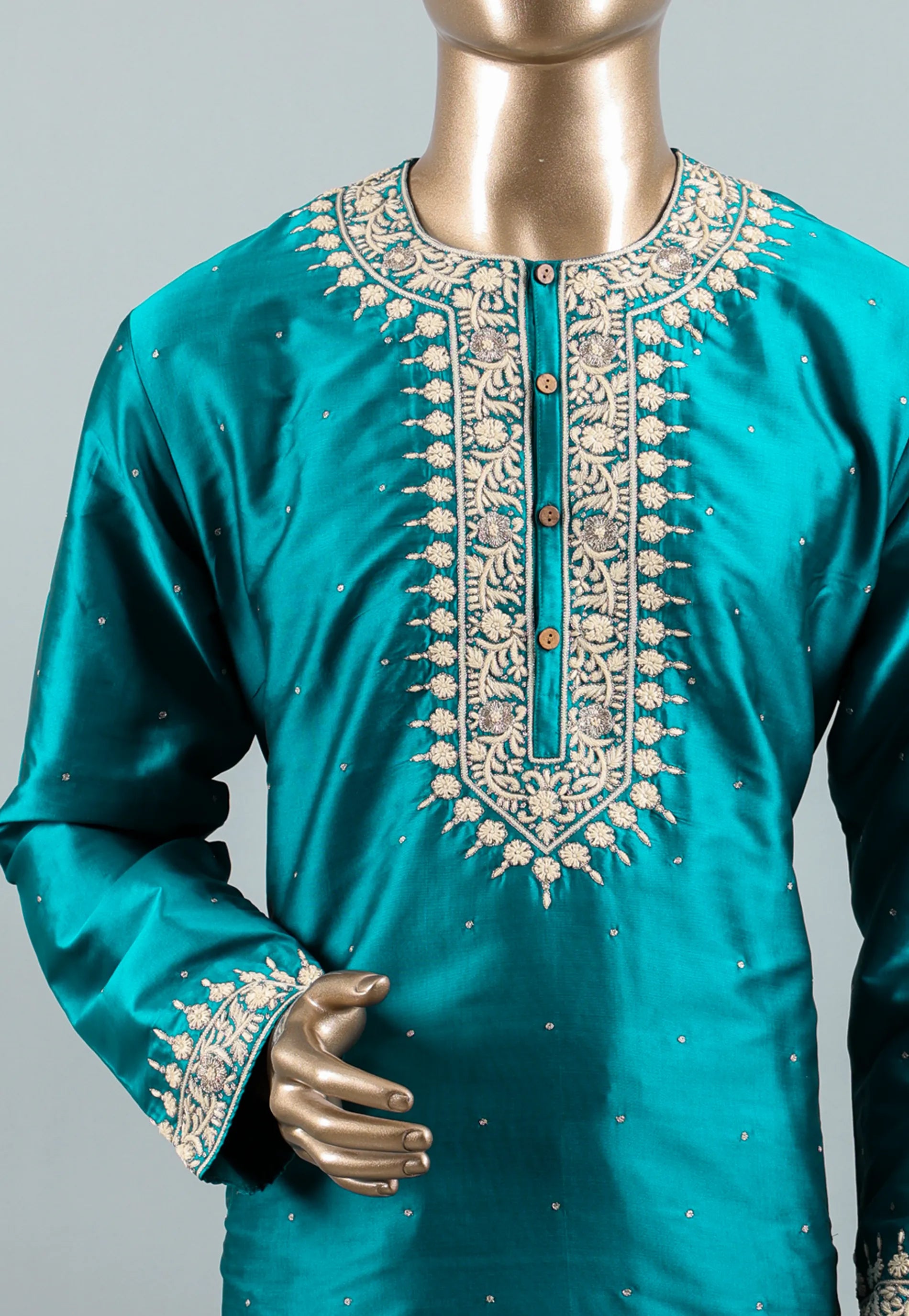 Cross Bottle Green Punjabi with Embroidery Silver Zari Work - Adi Akshoy & Co.