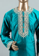 Cross Bottle Green Punjabi with Embroidery Silver Zari Work - Adi Akshoy & Co.