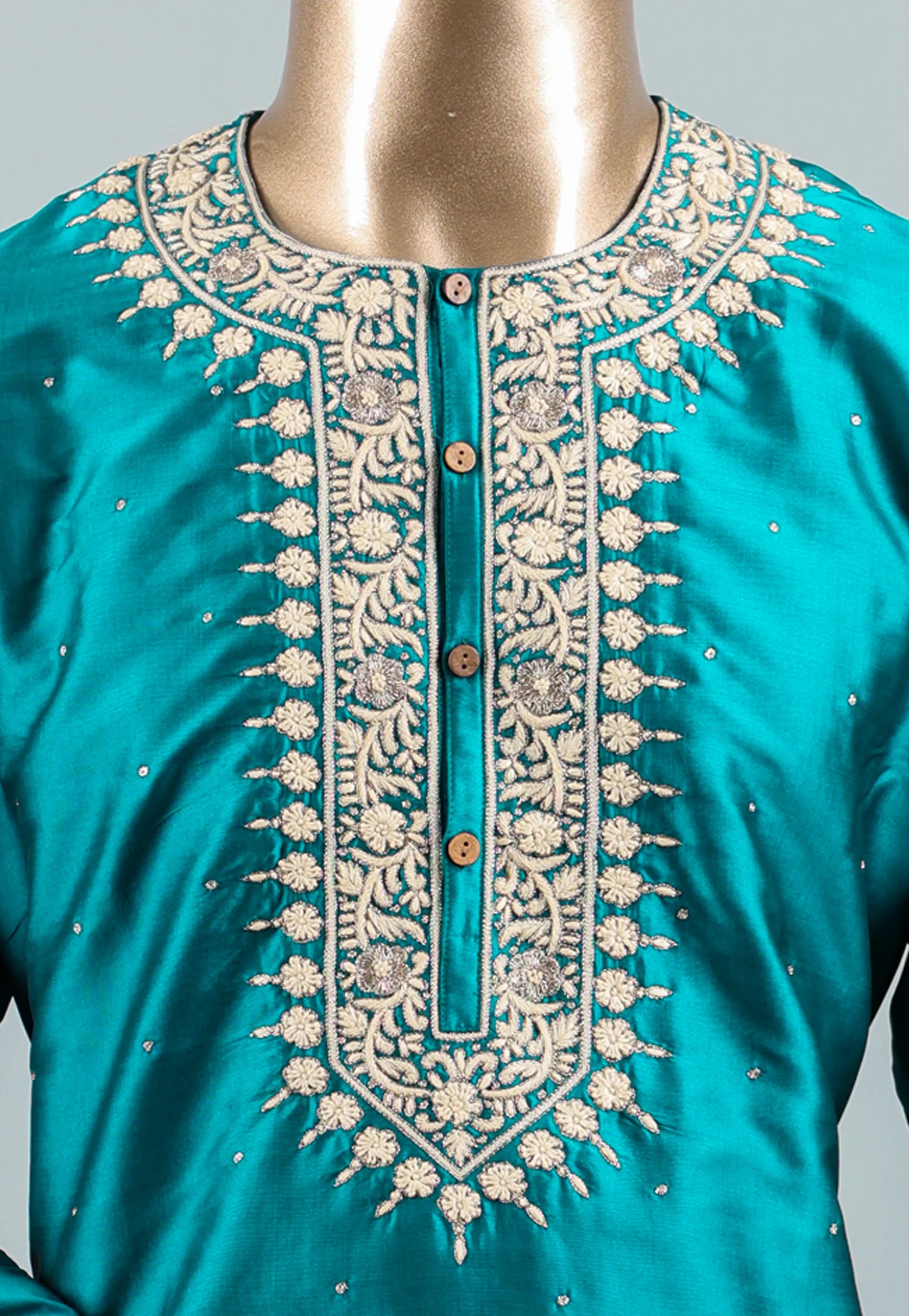 Cross Bottle Green Punjabi with Embroidery Silver Zari Work - Adi Akshoy & Co.