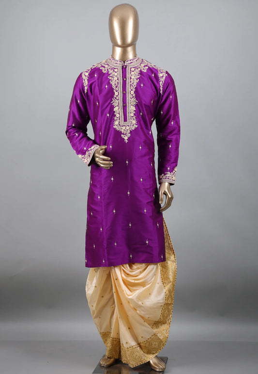 Purple Punjabi with Embroidery Golden Zari Work - Adi Akshoy & Co.