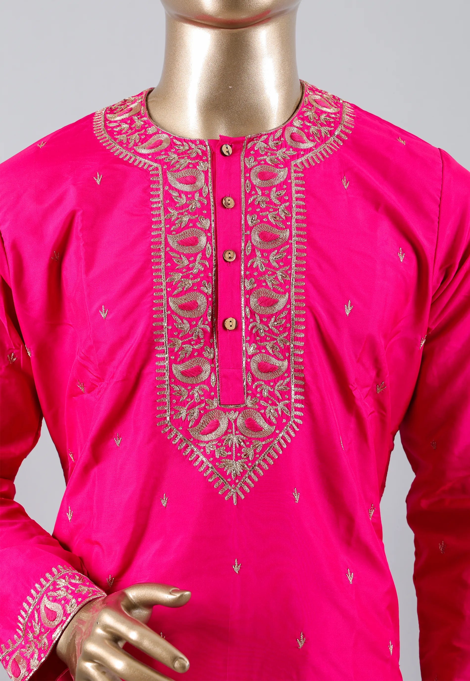 Rani colour Punjabi with Golden Zari work - Adi Akshoy & Co.
