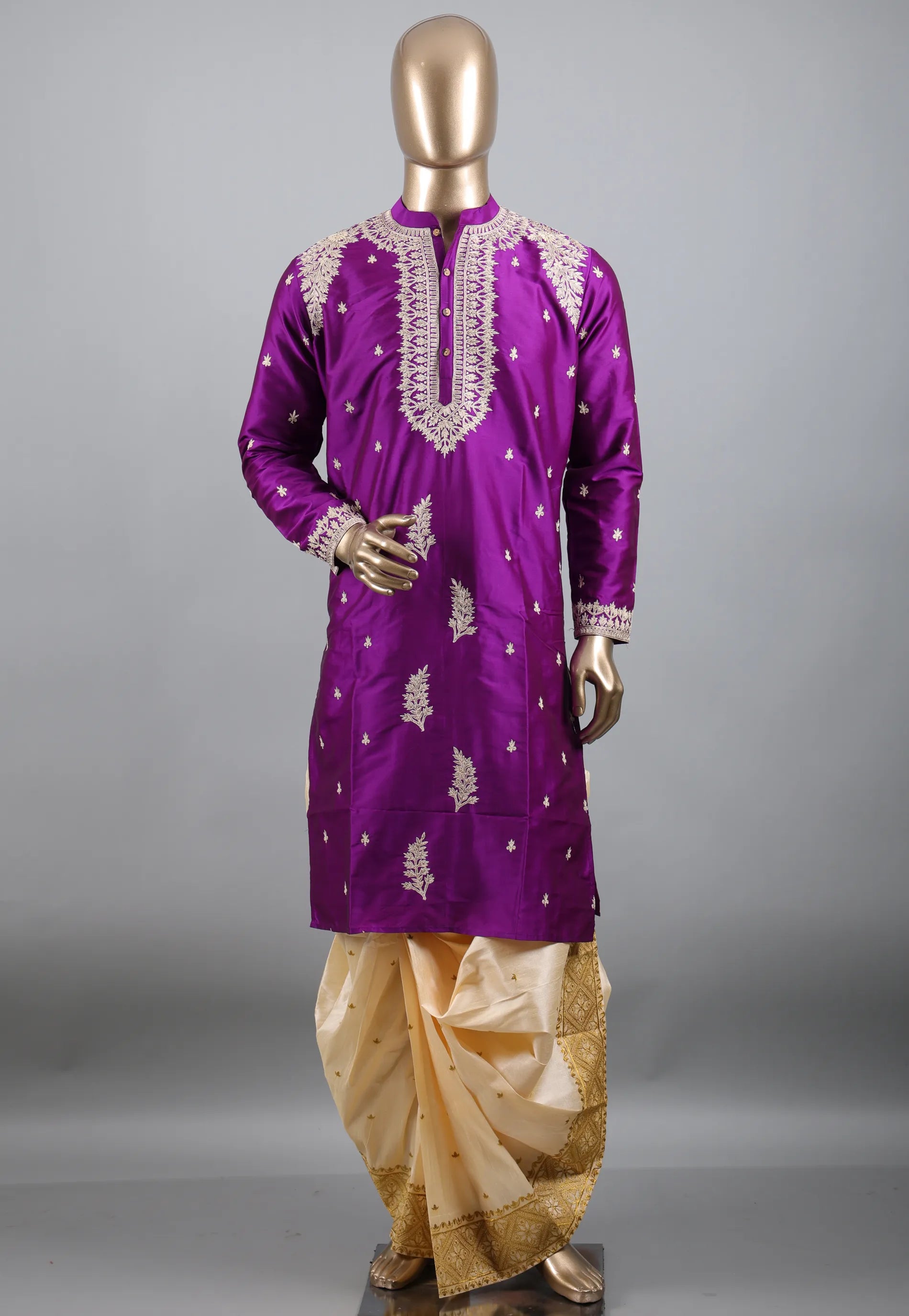 Purple Punjabi with Embroidery Golden Zari Work - Adi Akshoy & Co.
