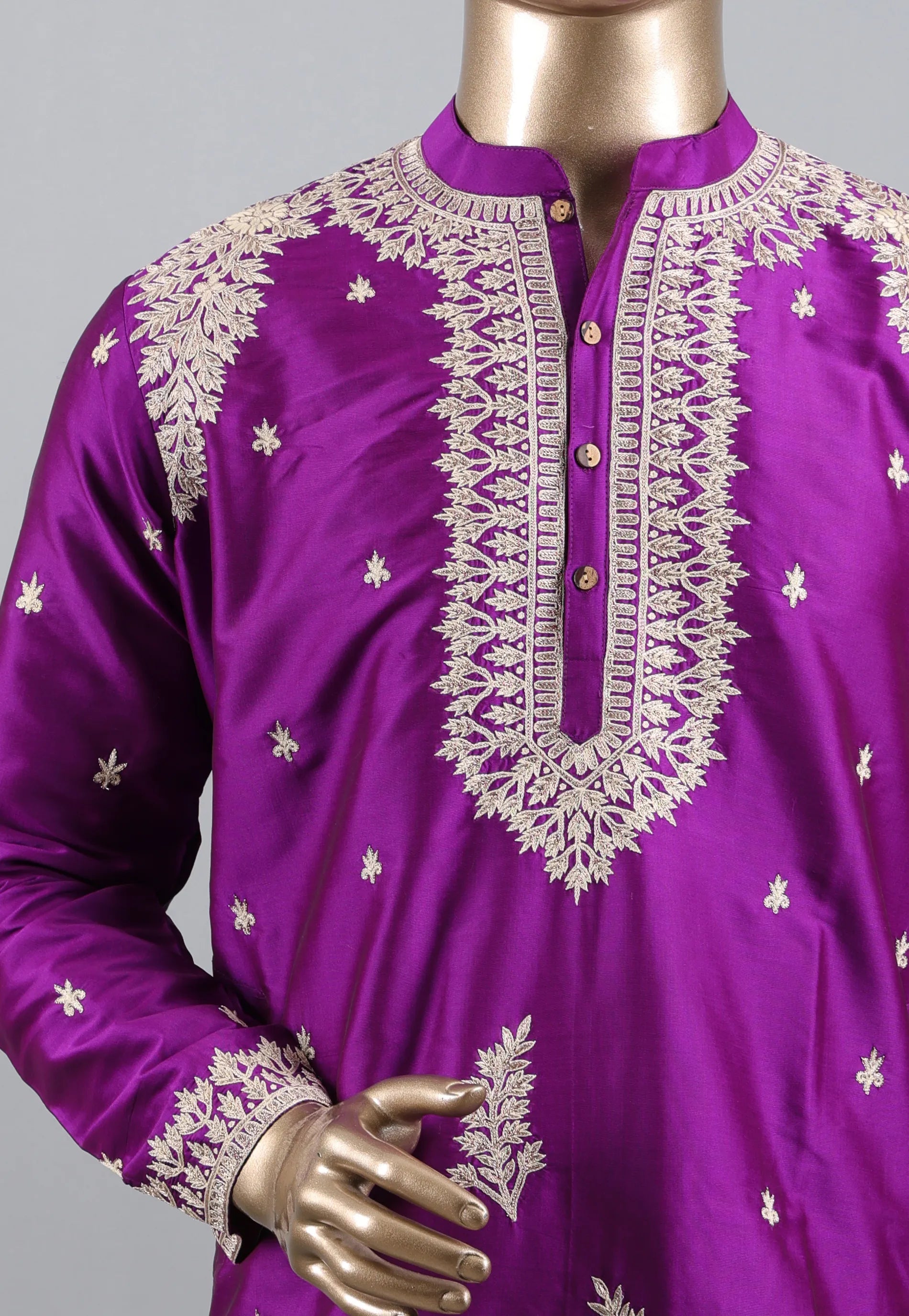 Purple Punjabi with Embroidery Golden Zari Work - Adi Akshoy & Co.