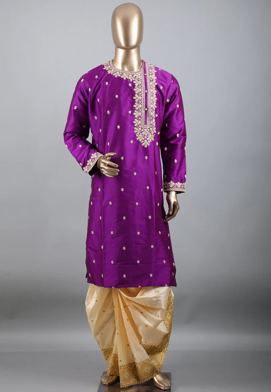 Purple Punjabi with Embroidery Silver Zari Work - Adi Akshoy & Co.