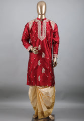 Red Punjabi with Embroidery Silver Zari Work - Adi Akshoy & Co.