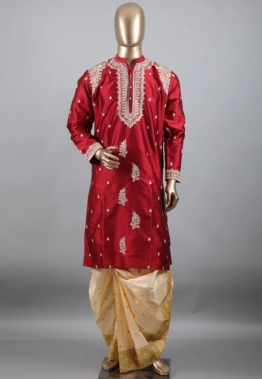 Red Punjabi with Embroidery Silver Zari Work - Adi Akshoy & Co.