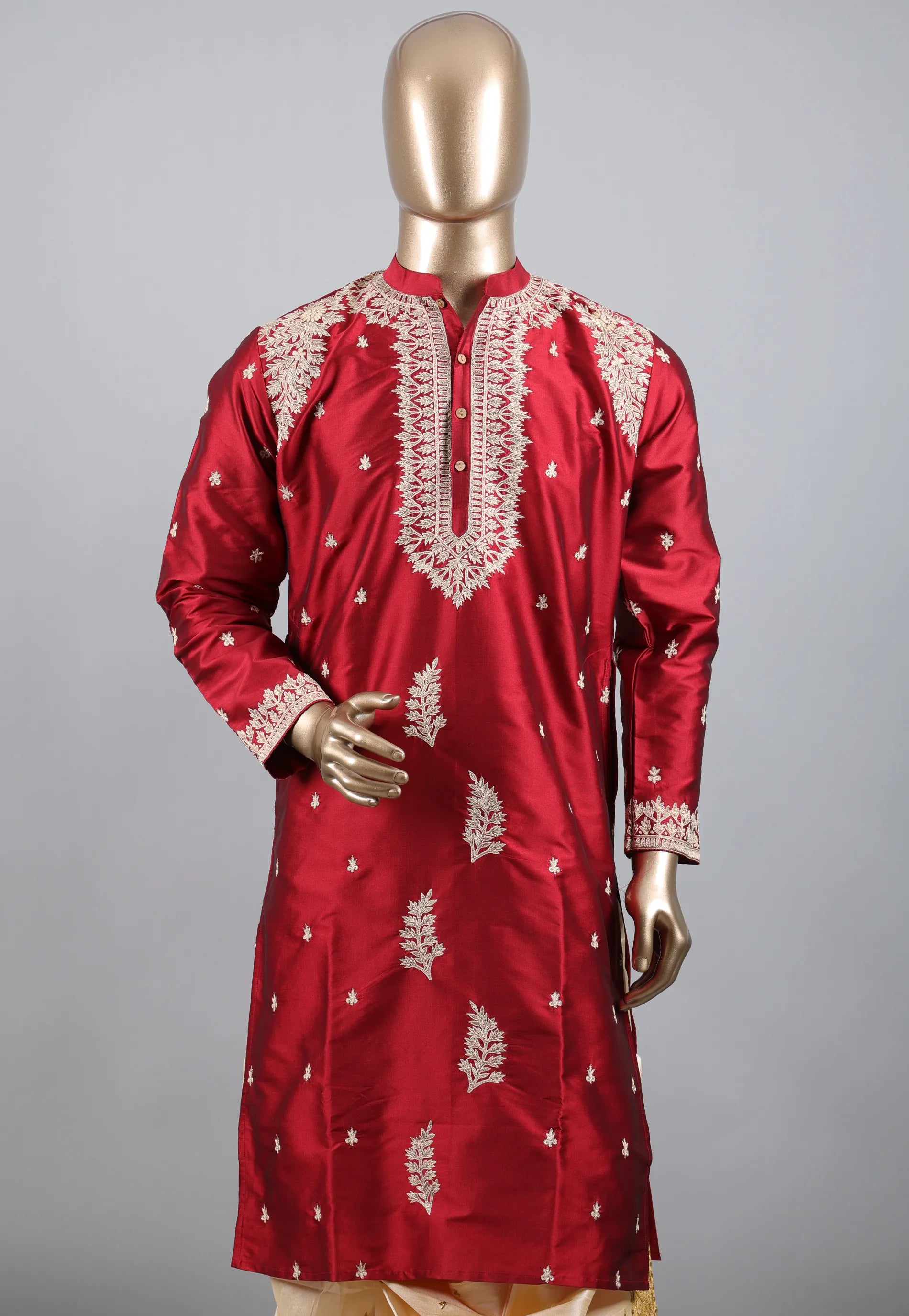Red Punjabi with Embroidery Silver Zari Work - Adi Akshoy & Co.