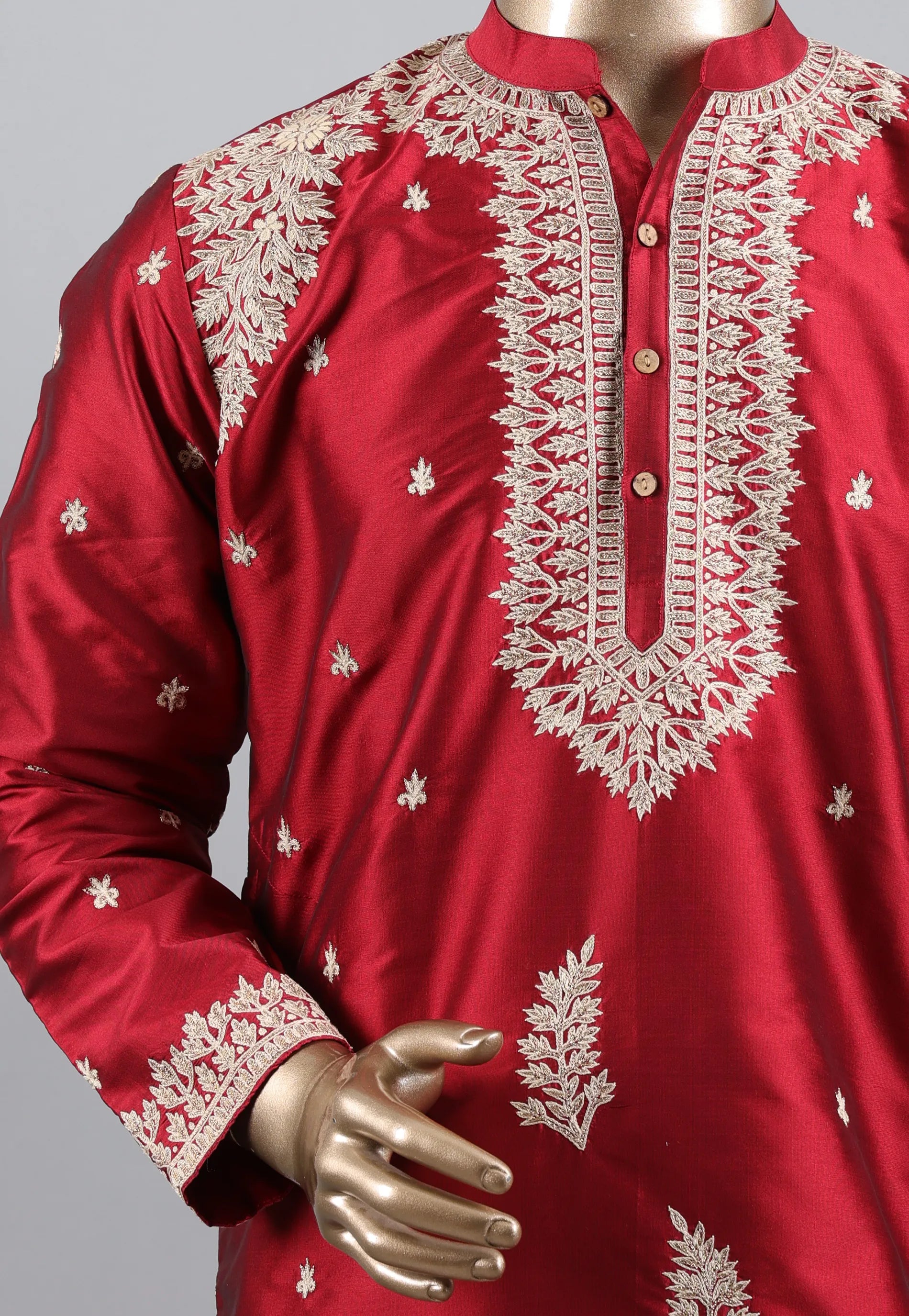 Red Punjabi with Embroidery Silver Zari Work - Adi Akshoy & Co.