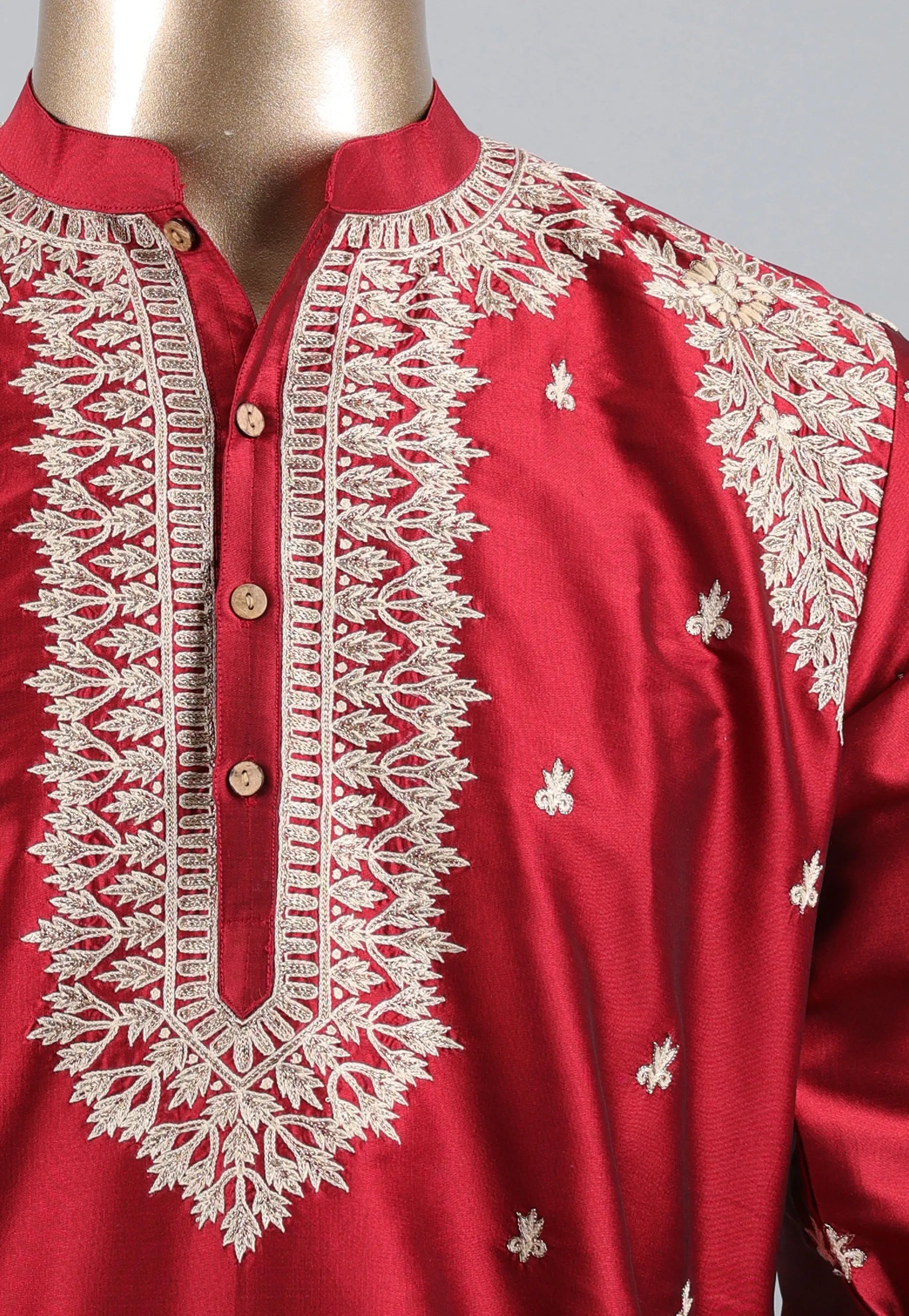 Red Punjabi with Embroidery Silver Zari Work - Adi Akshoy & Co.
