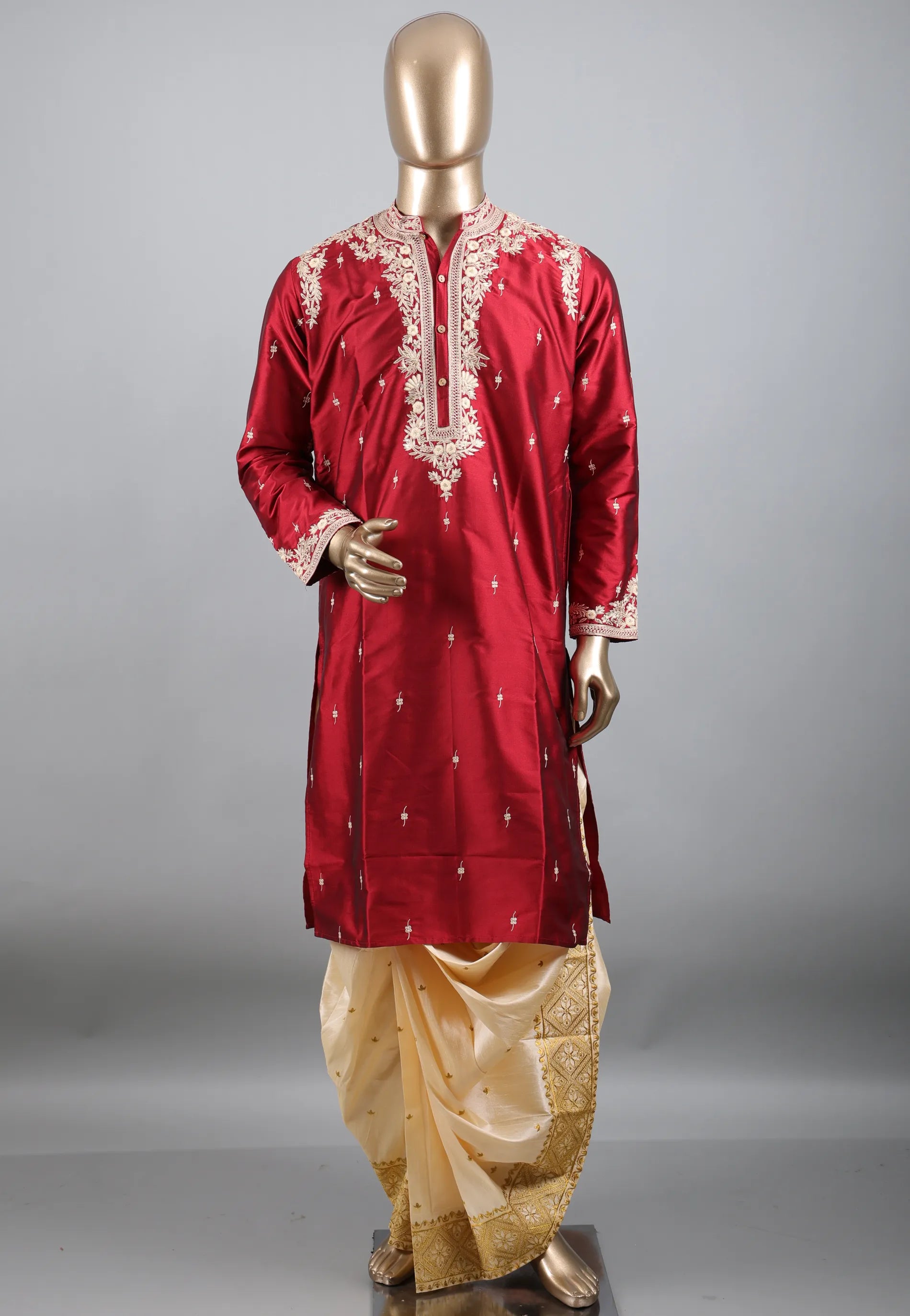 Red Punjabi with Embroidery Silver Zari Work - Adi Akshoy & Co.