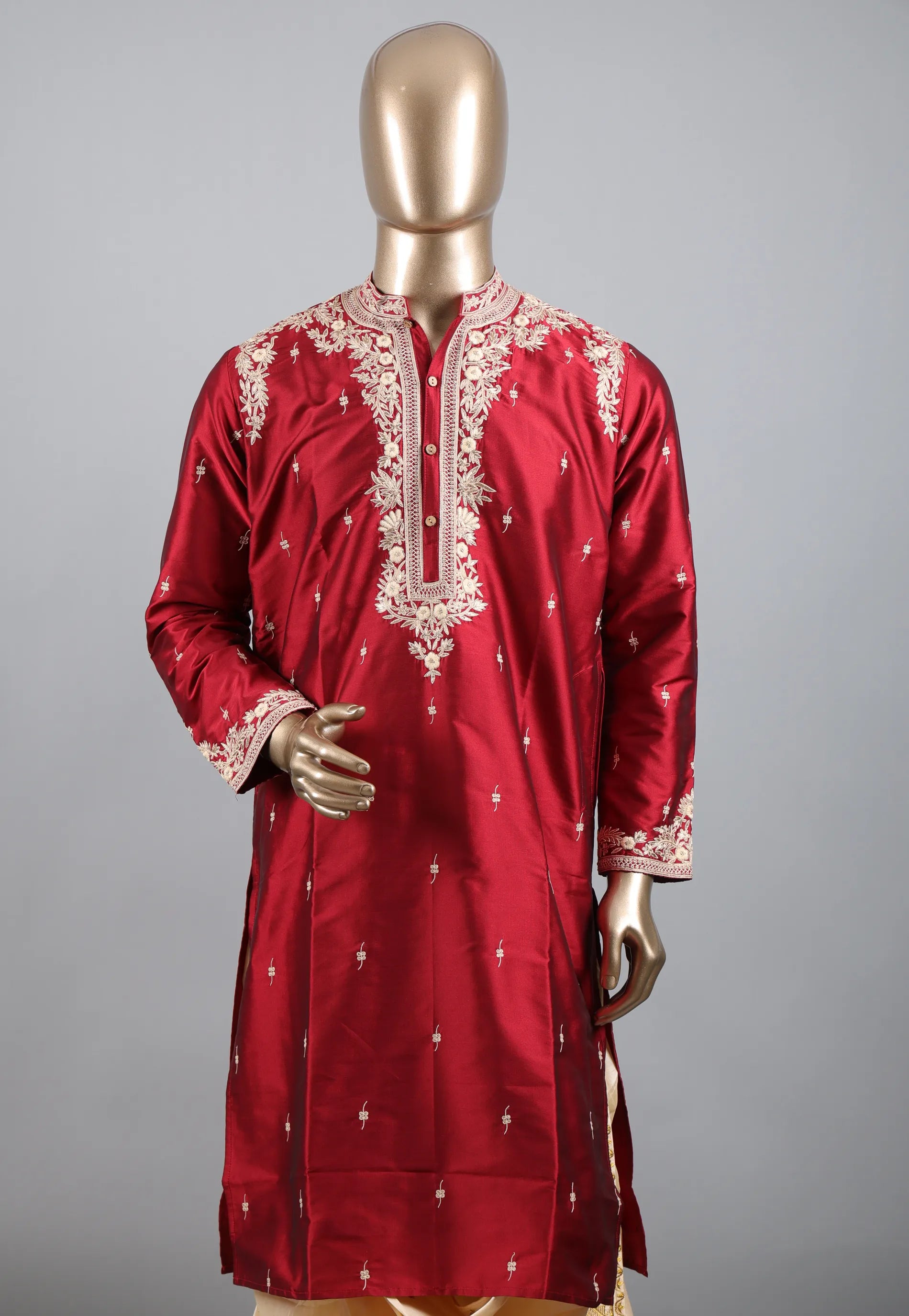 Red Punjabi with Embroidery Silver Zari Work - Adi Akshoy & Co.