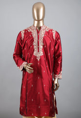 Red Punjabi with Embroidery Silver Zari Work - Adi Akshoy & Co.