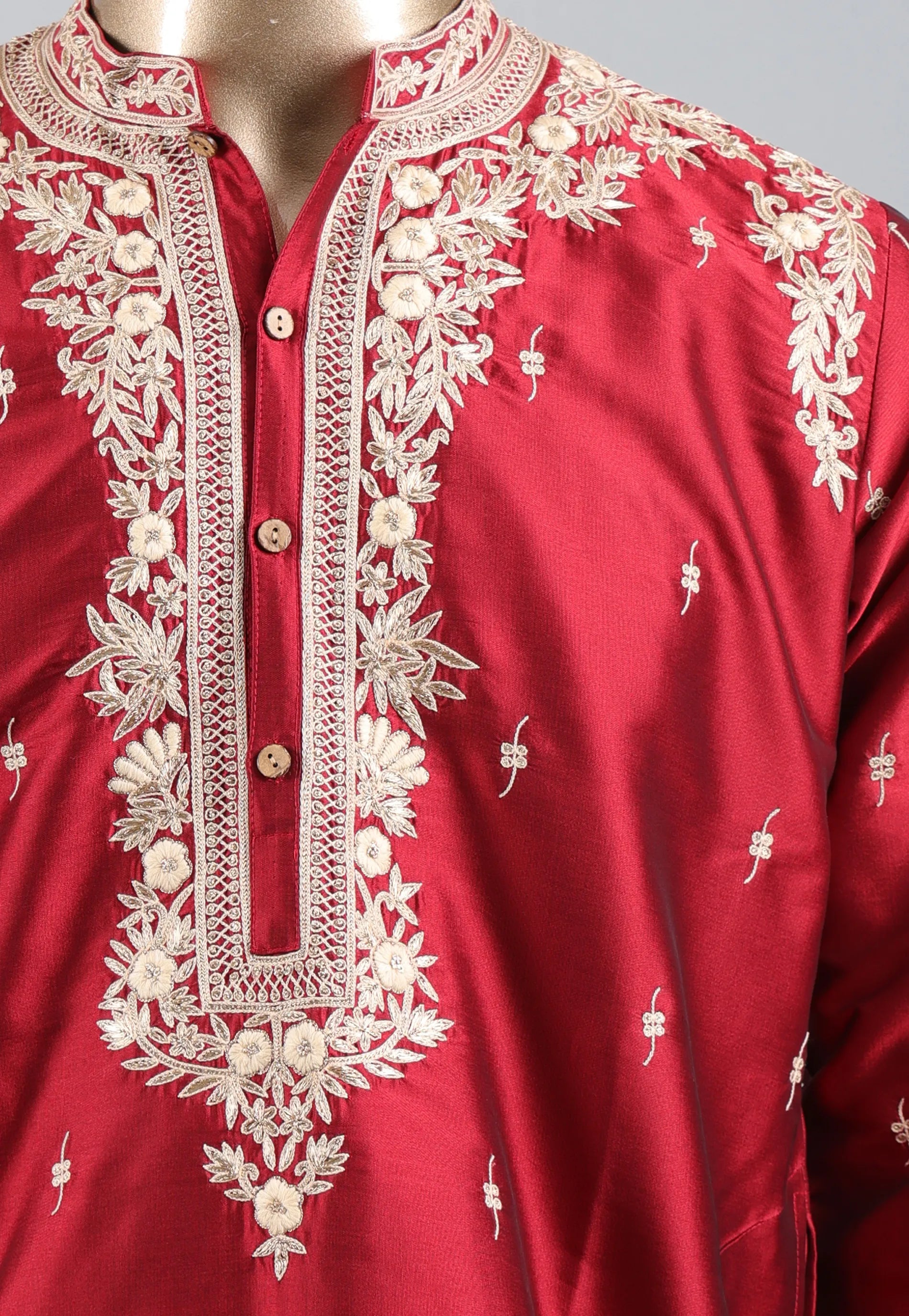 Red Punjabi with Embroidery Silver Zari Work - Adi Akshoy & Co.