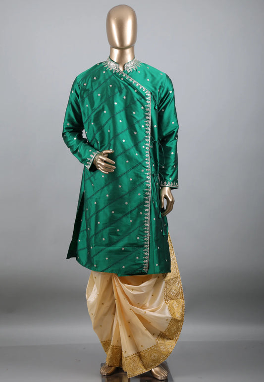 Bottle Green Punjabi with Embroidery Work - Adi Akshoy & Co.