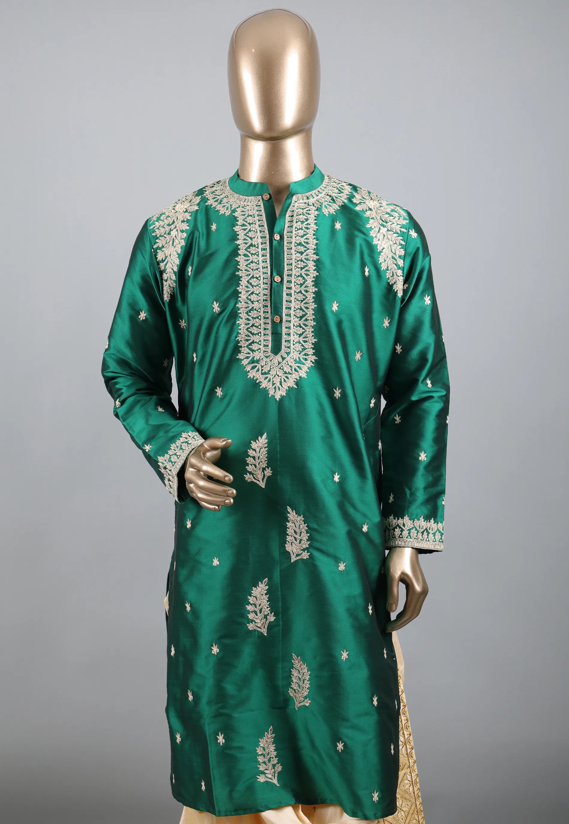 Bottle Green Punjabi with Embroidery Zari Work - Adi Akshoy & Co.