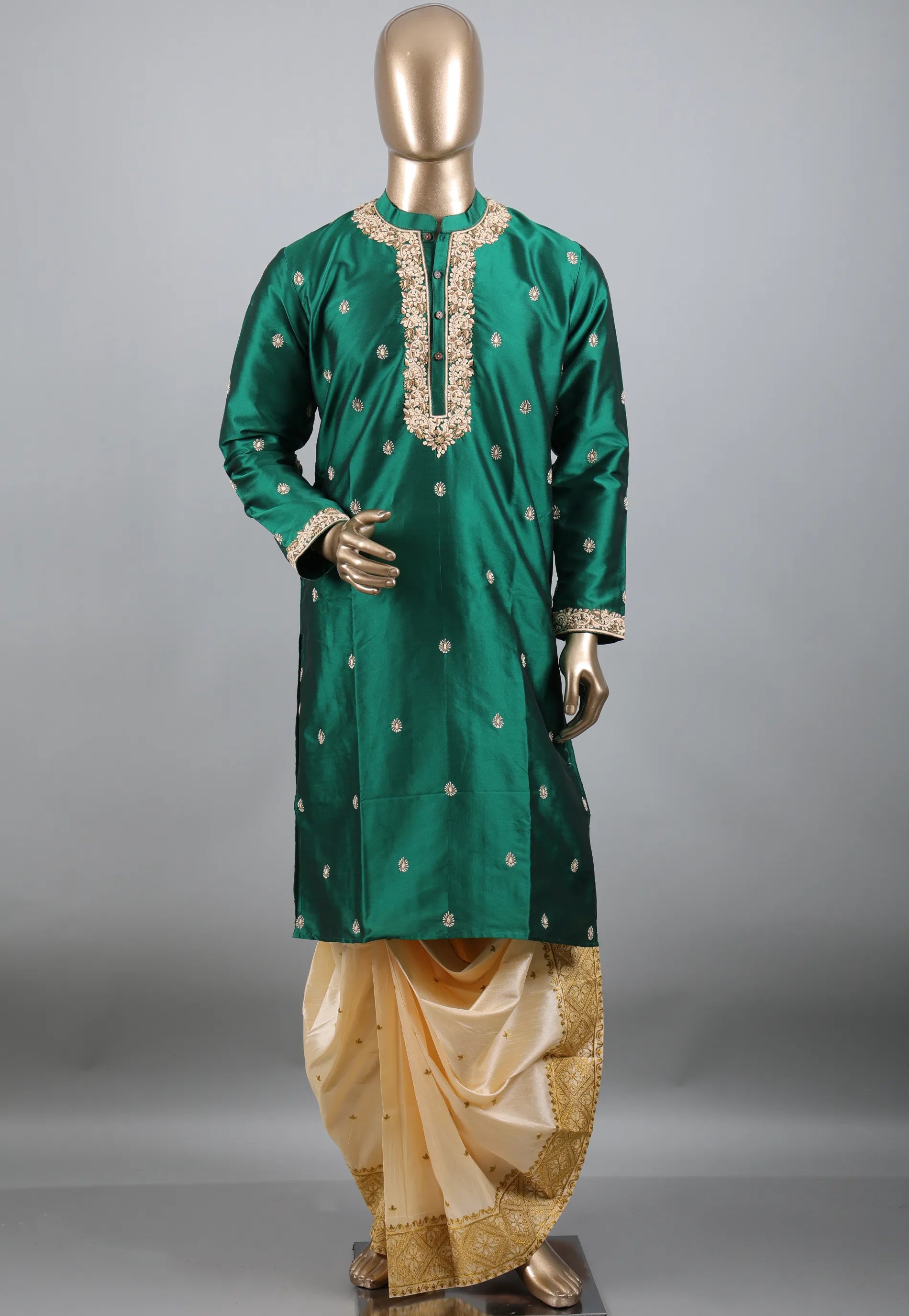 Bottle Green Punjabi with Embroidery Golden Zari Work - Adi Akshoy & Co.
