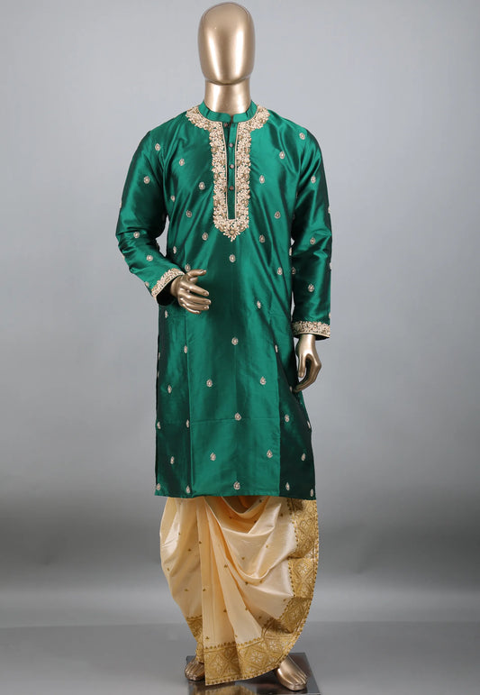 Bottle Green Punjabi with Embroidery Golden Zari Work - Adi Akshoy & Co.