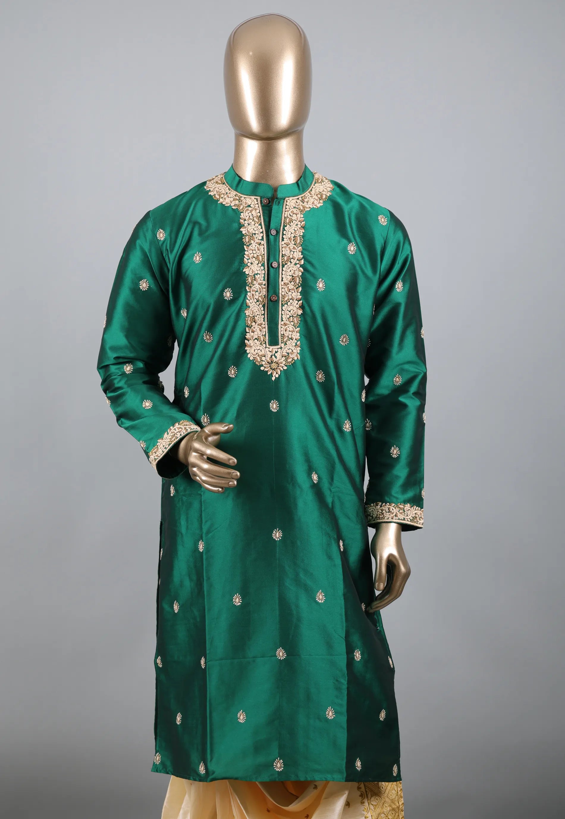 Bottle Green Punjabi with Embroidery Golden Zari Work - Adi Akshoy & Co.
