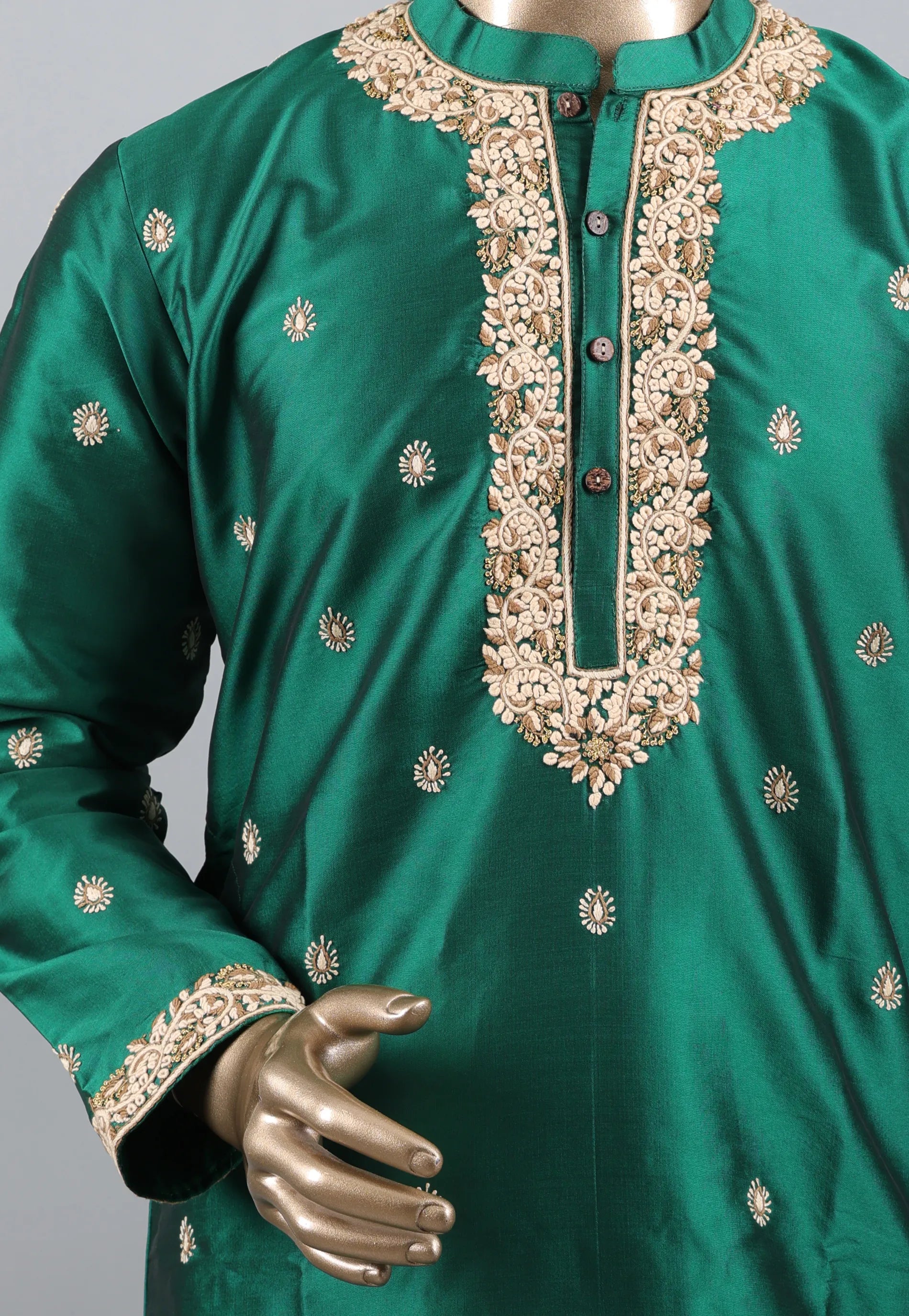 Bottle Green Punjabi with Embroidery Golden Zari Work - Adi Akshoy & Co.