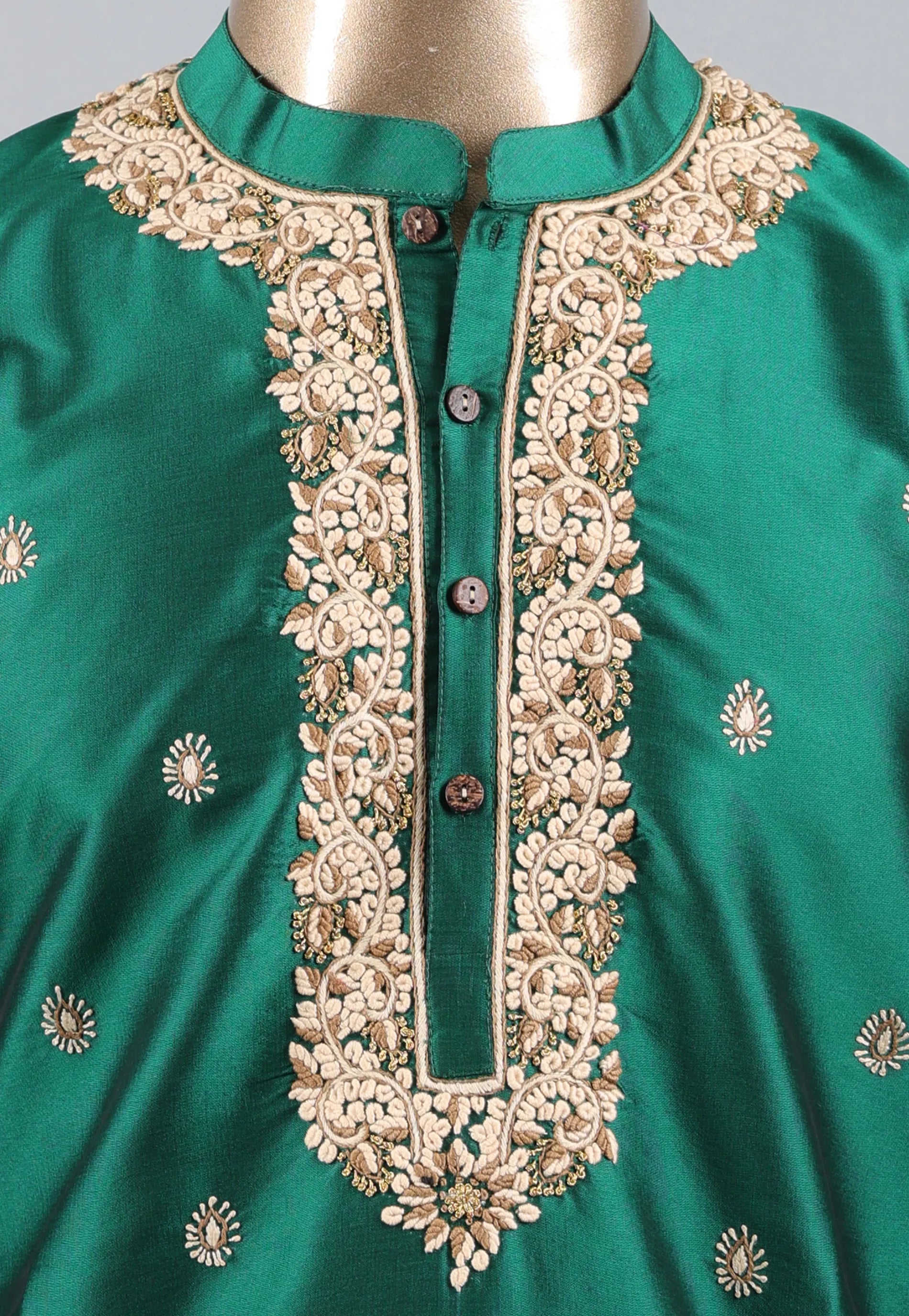 Bottle Green Punjabi with Embroidery Golden Zari Work - Adi Akshoy & Co.