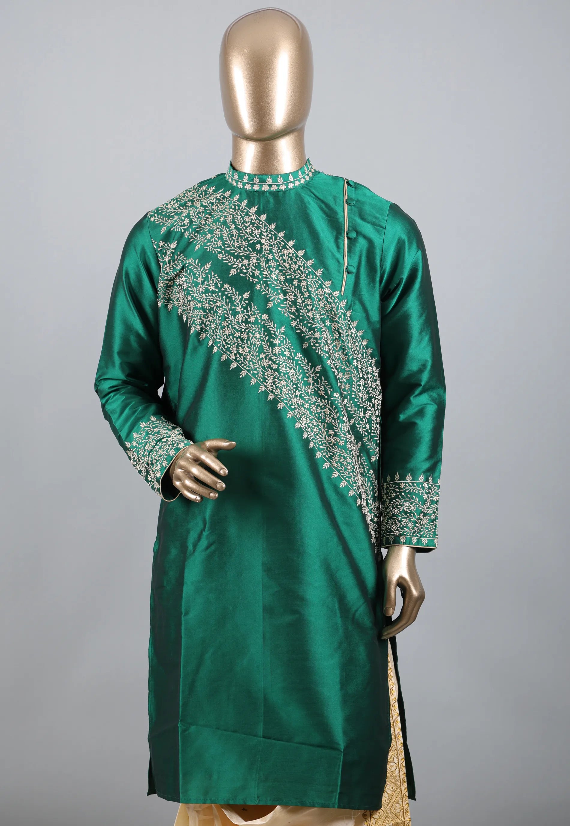 Bottle Green colour Punjabi with Silver Zari work - Adi Akshoy & Co.