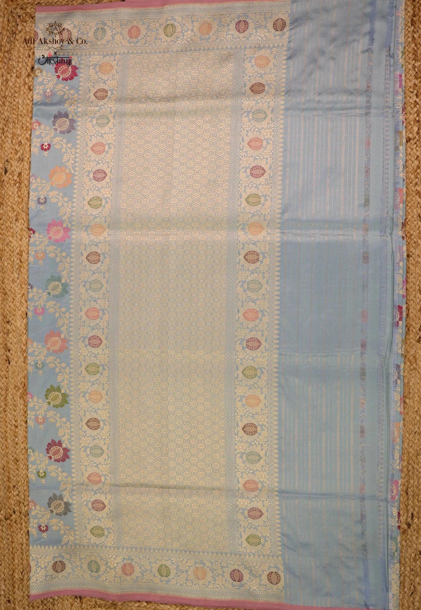 Sky Blue Pure Exclusive Kadwa Katan Silk Saree with Blouse Piece - Adi Akshoy & Co.