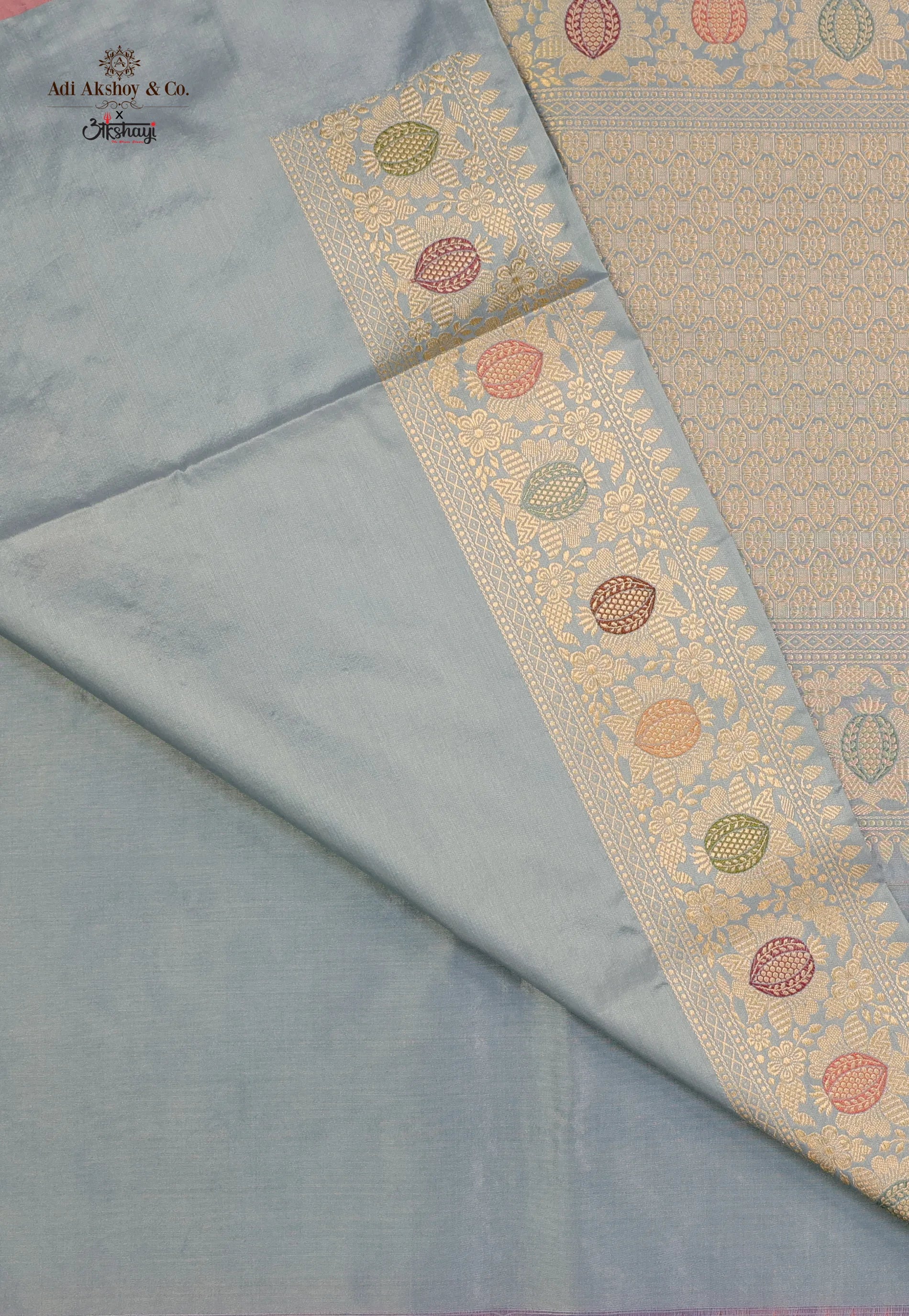 Sky Blue Pure Exclusive Kadwa Katan Silk Saree with Blouse Piece - Adi Akshoy & Co.