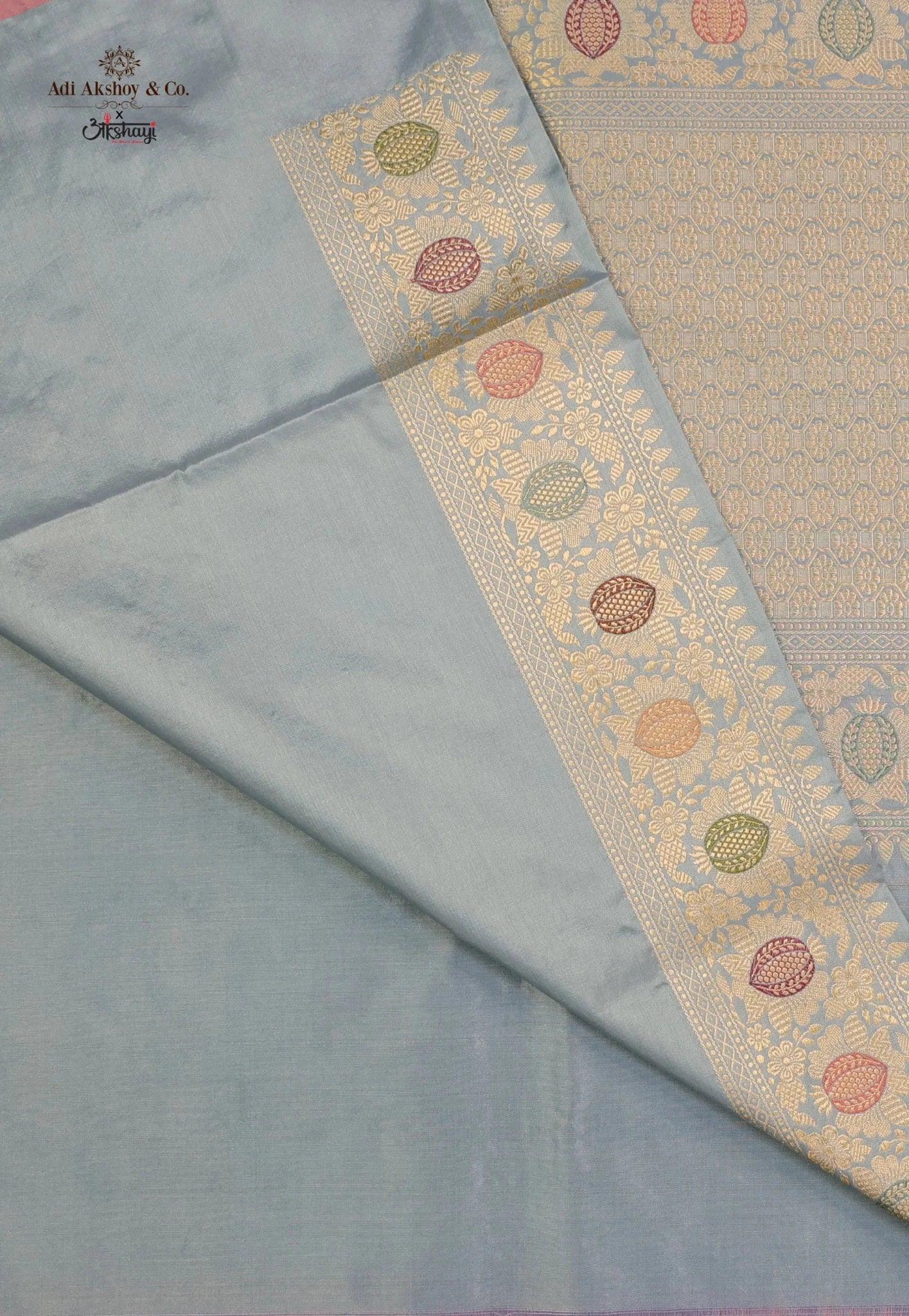 Sky Blue Pure Exclusive Kadwa Katan Silk Saree with Blouse Piece - Adi Akshoy & Co.