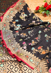 Black Pure Exclusive Kadwa Katan Silk Saree with Blouse Piece - Adi Akshoy & Co.