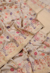 Cream Colour Pure Exclusive Kadwa Katan Silk Saree with Blouse Piece - Adi Akshoy & Co.