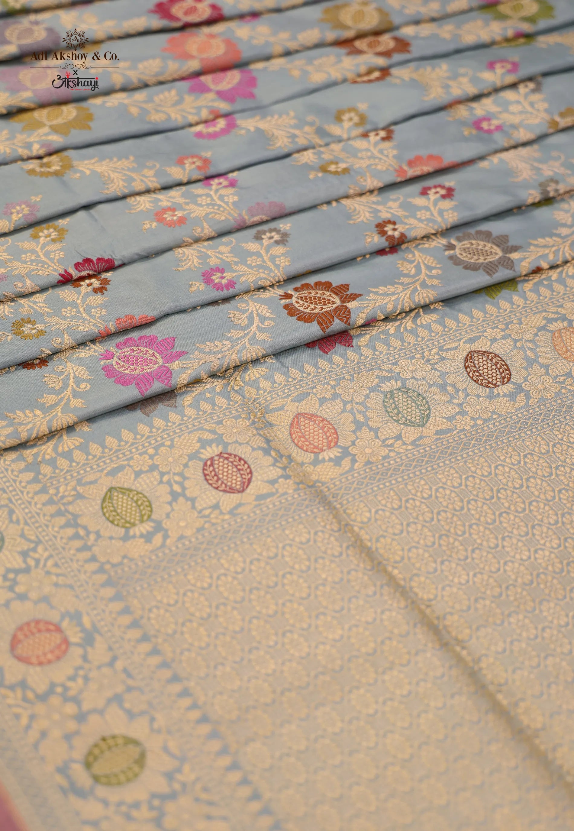 Sky Blue Pure Exclusive Kadwa Katan Silk Saree with Blouse Piece - Adi Akshoy & Co.