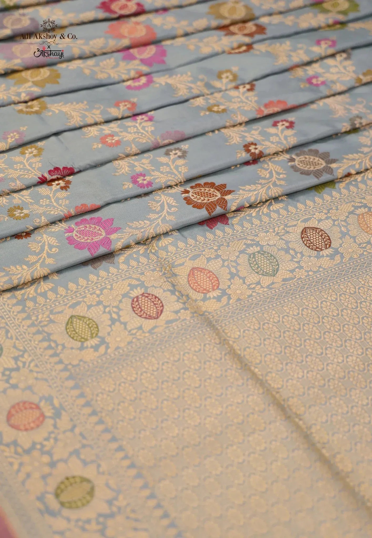 Sky Blue Pure Exclusive Kadwa Katan Silk Saree with Blouse Piece - Adi Akshoy & Co.