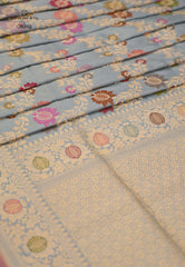 Sky Blue Pure Exclusive Kadwa Katan Silk Saree with Blouse Piece - Adi Akshoy & Co.