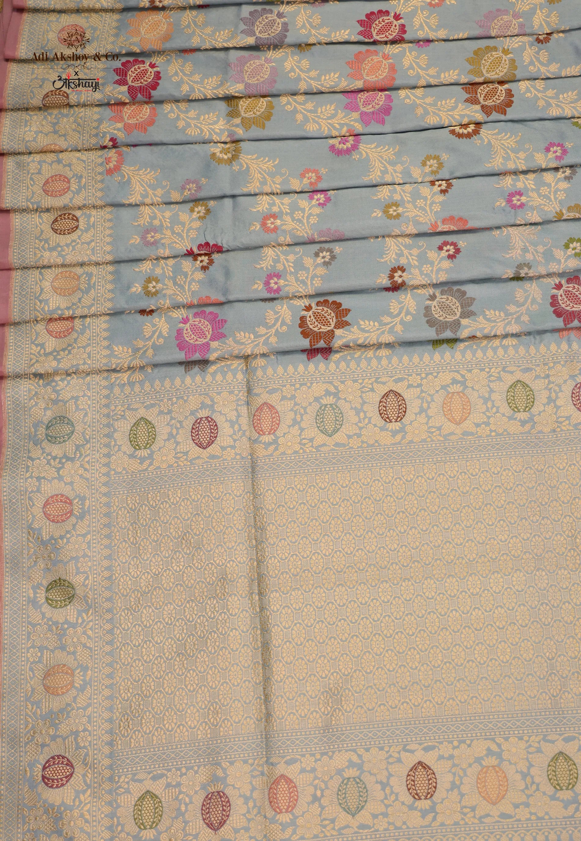 Sky Blue Pure Exclusive Kadwa Katan Silk Saree with Blouse Piece - Adi Akshoy & Co.