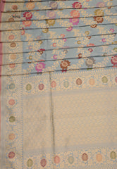 Sky Blue Pure Exclusive Kadwa Katan Silk Saree with Blouse Piece - Adi Akshoy & Co.