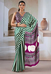 Bottle Green & White Stripe Ajrakh Print in Modal Silk Saree With Blouse Piece - Adi Akshoy & Co.