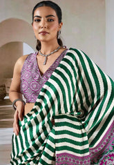 Bottle Green & White Stripe Ajrakh Print in Modal Silk Saree With Blouse Piece - Adi Akshoy & Co.