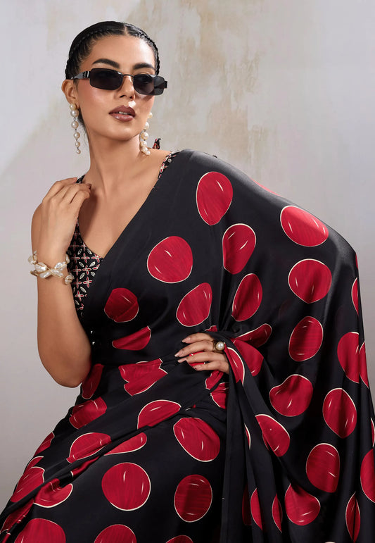 Black & Rani Pink Polka Dot Ajrakh Print Modal Silk Saree With Blouse Piece - Adi Akshoy & Co.