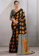 Black & Musturd Yellow Polka Dot Ajrakh Print Modal Silk Saree With Blouse Piece - Adi Akshoy & Co.