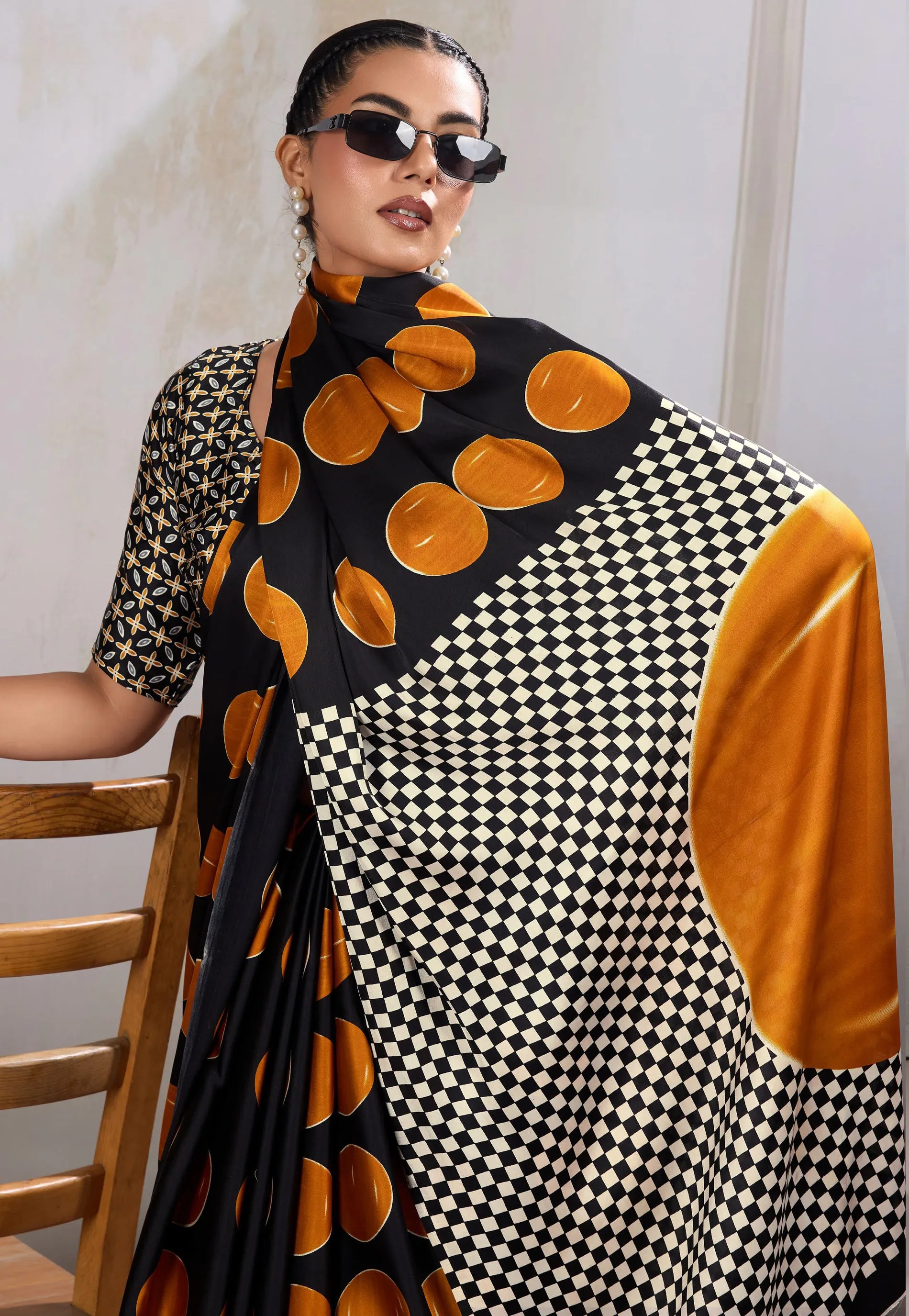 Black & Musturd Yellow Polka Dot Ajrakh Print Modal Silk Saree With Blouse Piece - Adi Akshoy & Co.